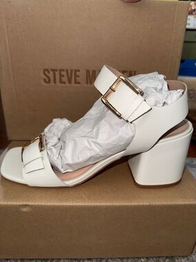 Steve Madden White Block Heel Sandal with Gold Buckle Accents